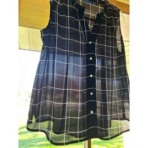 Apt 9 Womens PL Black White Sleeveless Sheer V-Neck Blouse Airy Windowpane Check